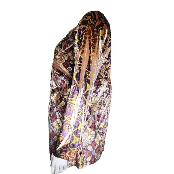 ONE WORLD Purple Orange Sublimation Long Sleeve Velvet Velour Top Womens XL - Picture 2 of 8